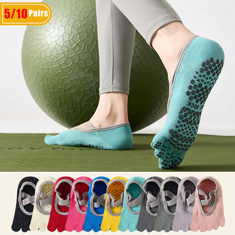 Pilates Yoga &A - 5/10 ペアの女性用コットンヨガ 5 本指ソックス汗吸収ソフト滑り止めシリコンカジュアルピラティスジムボートトゥノーショーソックス